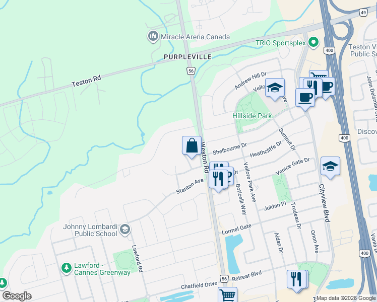 map of restaurants, bars, coffee shops, grocery stores, and more near in Vaughan
