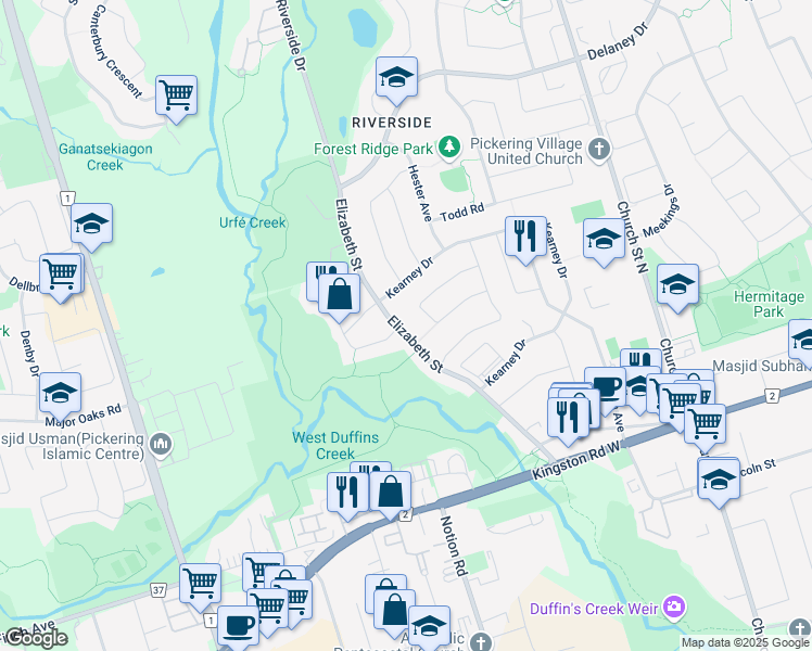 map of restaurants, bars, coffee shops, grocery stores, and more near 127 Elizabeth Street in Ajax