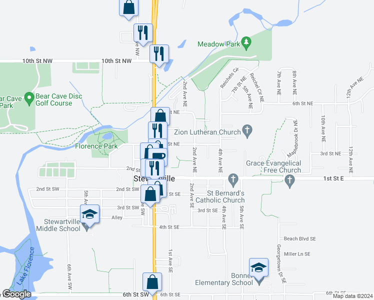 map of restaurants, bars, coffee shops, grocery stores, and more near 110 4th Street Northeast in Stewartville