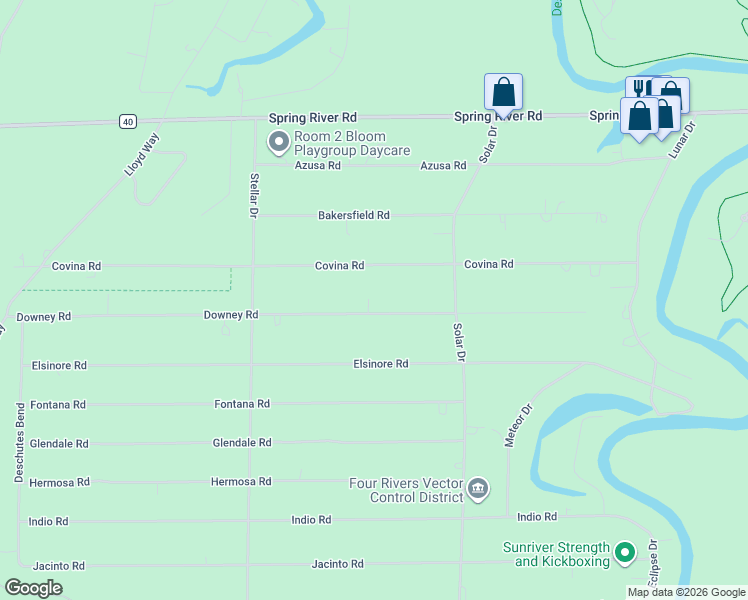 map of restaurants, bars, coffee shops, grocery stores, and more near 17124 Downey Road in Bend