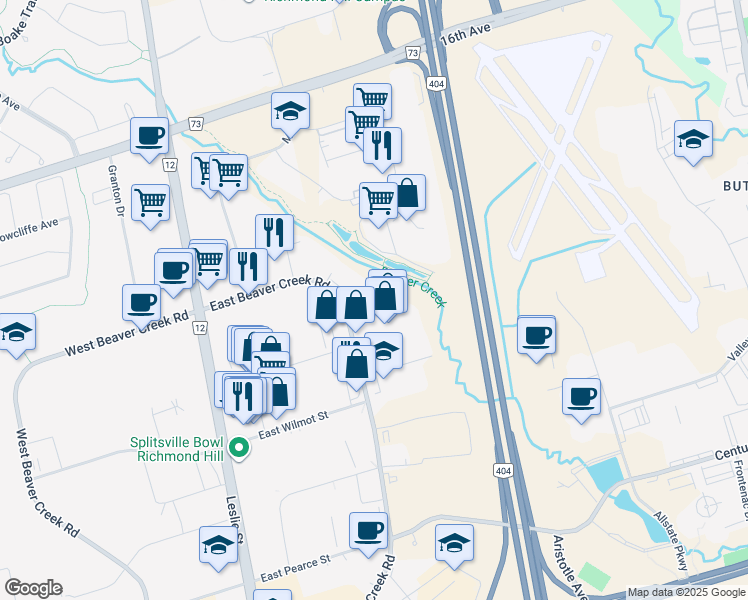 map of restaurants, bars, coffee shops, grocery stores, and more near 60 East Beaver Creek Road in Richmond Hill