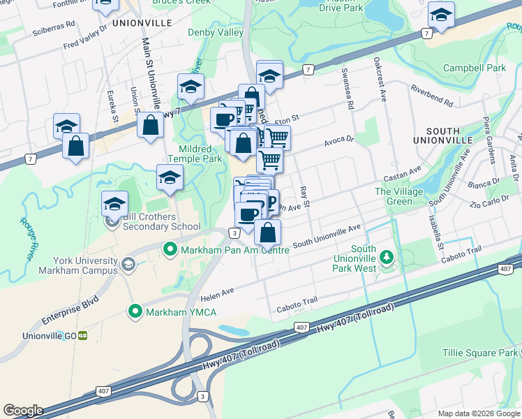 map of restaurants, bars, coffee shops, grocery stores, and more near 8339 Kennedy Road in Markham