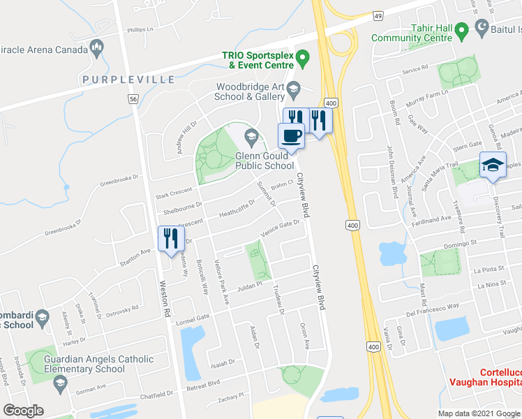 map of restaurants, bars, coffee shops, grocery stores, and more near 178 Canada Drive in Vaughan
