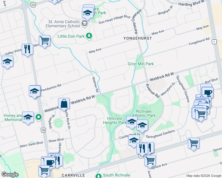 map of restaurants, bars, coffee shops, grocery stores, and more near 166 Weldrick Road West in Richmond Hill