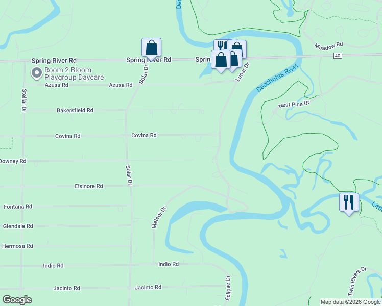 map of restaurants, bars, coffee shops, grocery stores, and more near 17300 Downey Road in Bend