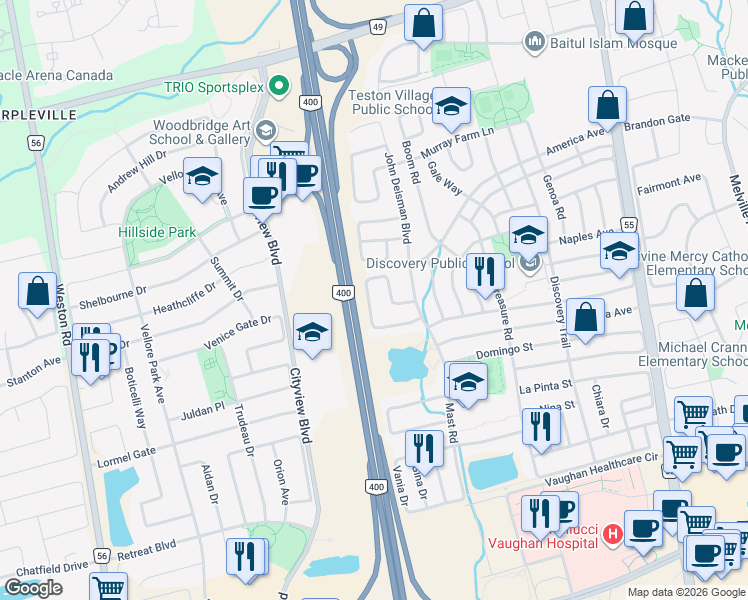 map of restaurants, bars, coffee shops, grocery stores, and more near 99 Convoy Crescent in Vaughan