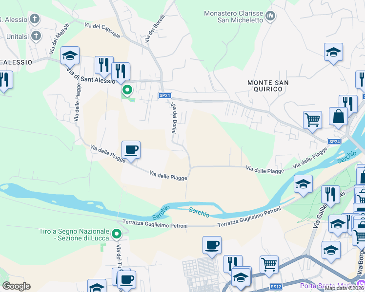 map of restaurants, bars, coffee shops, grocery stores, and more near 452 Via dei Dorini in Lucca