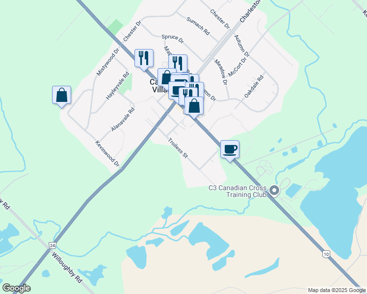 map of restaurants, bars, coffee shops, grocery stores, and more near 91 Troiless Street in Caledon