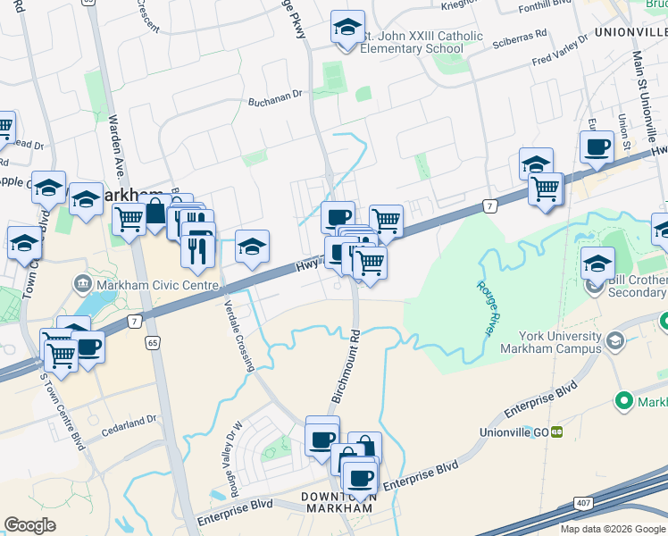 map of restaurants, bars, coffee shops, grocery stores, and more near 8228 Birchmount Road in Markham