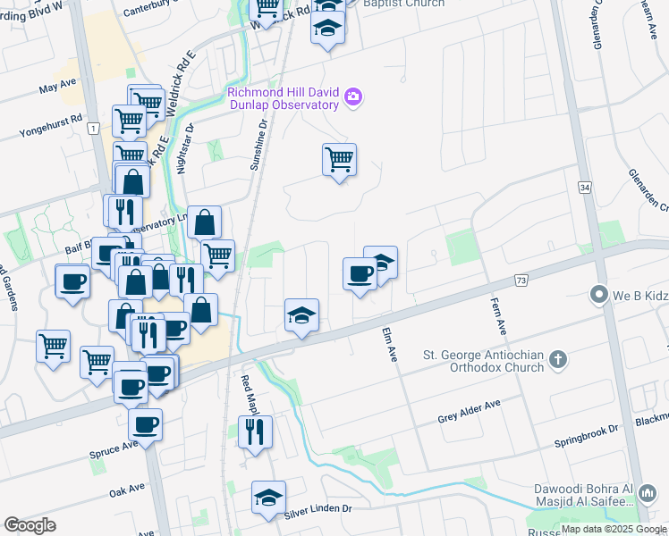 map of restaurants, bars, coffee shops, grocery stores, and more near 150 Berwick Crescent in Richmond Hill