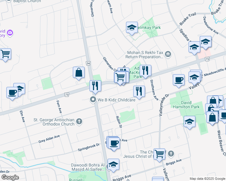map of restaurants, bars, coffee shops, grocery stores, and more near 285 Old 16th Avenue in Richmond Hill