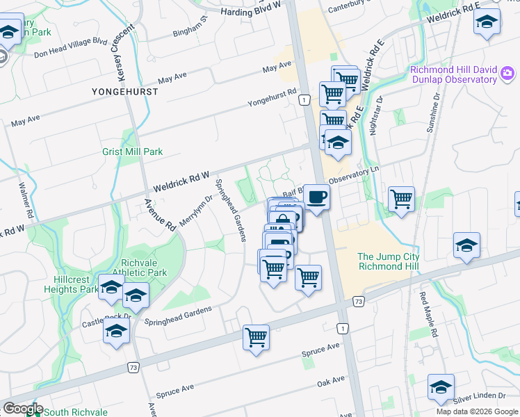 map of restaurants, bars, coffee shops, grocery stores, and more near 85 Baif Boulevard in Richmond Hill