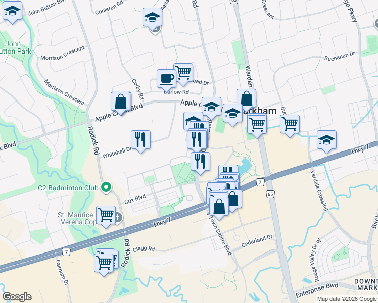 map of restaurants, bars, coffee shops, grocery stores, and more near 11 Zermatt Way in Markham