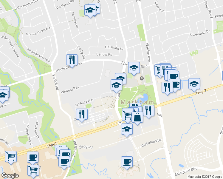 map of restaurants, bars, coffee shops, grocery stores, and more near 11 Zermatt Way in Markham