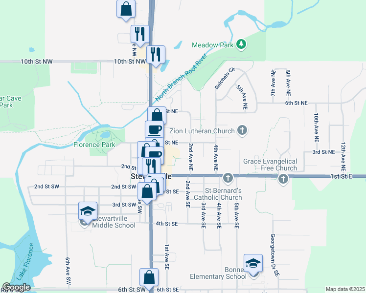 map of restaurants, bars, coffee shops, grocery stores, and more near 120 4th Street Northeast in Stewartville