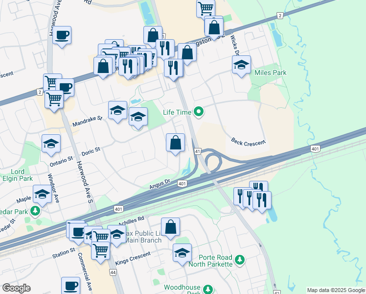 map of restaurants, bars, coffee shops, grocery stores, and more near 77 Cooperage Lane in Ajax