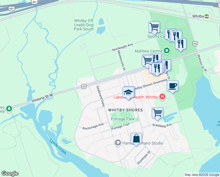map of restaurants, bars, coffee shops, grocery stores, and more near Point Hope Place in Whitby
