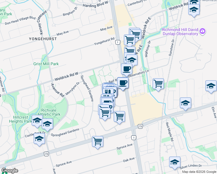 map of restaurants, bars, coffee shops, grocery stores, and more near 45 Baif Boulevard in Richmond Hill
