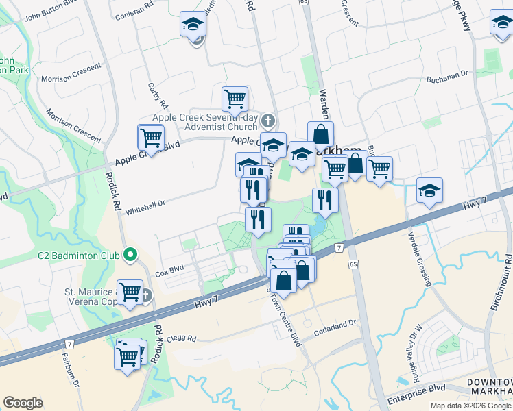 map of restaurants, bars, coffee shops, grocery stores, and more near 178 Town Centre Boulevard in Markham