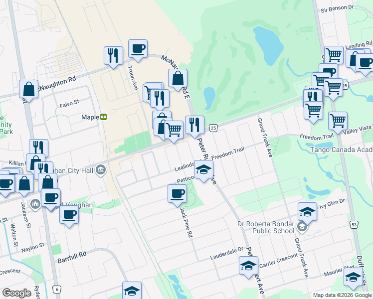 map of restaurants, bars, coffee shops, grocery stores, and more near in Vaughan