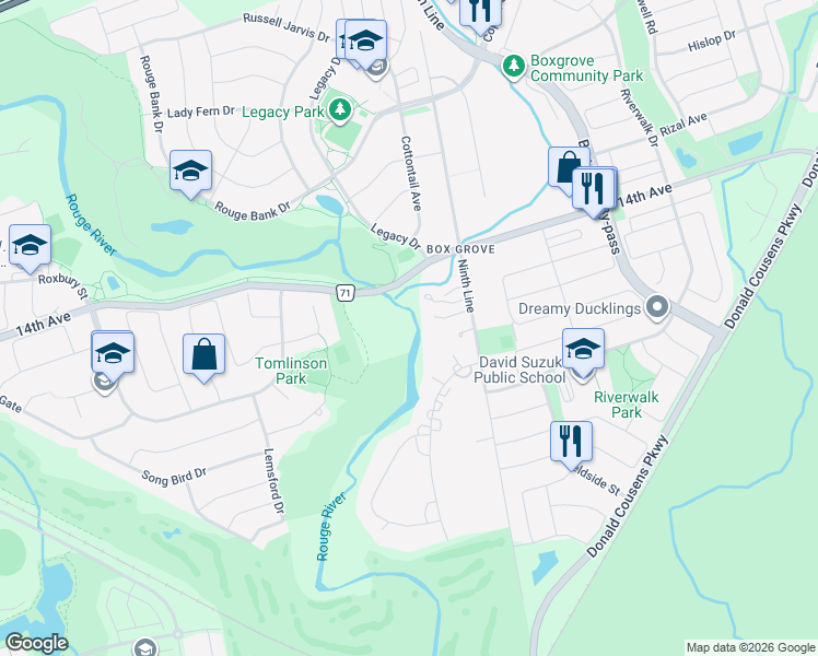 map of restaurants, bars, coffee shops, grocery stores, and more near 7682 Ninth Line in Markham