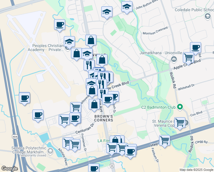 map of restaurants, bars, coffee shops, grocery stores, and more near 20 Apple Creek Boulevard in Markham