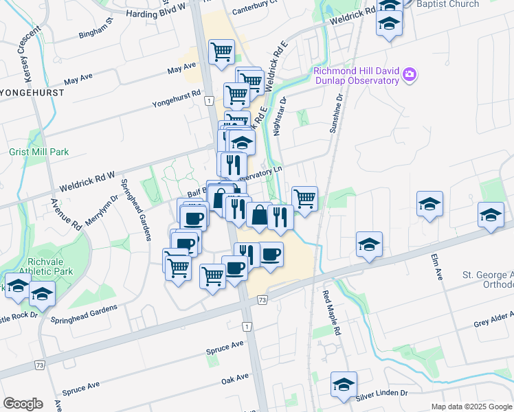 map of restaurants, bars, coffee shops, grocery stores, and more near 23 Observatory Lane in Richmond Hill