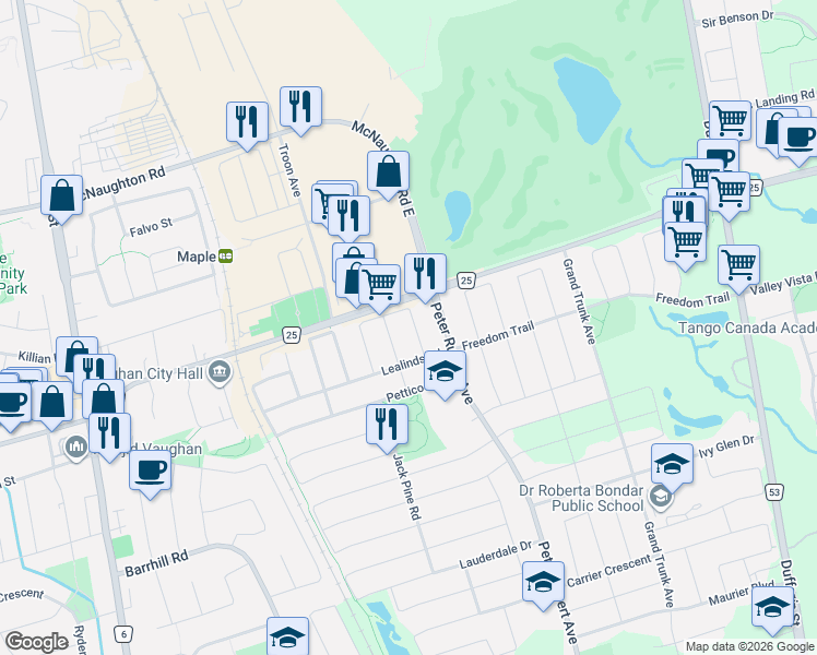map of restaurants, bars, coffee shops, grocery stores, and more near 32 Black Maple Crescent in Vaughan