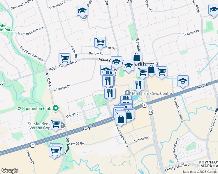 map of restaurants, bars, coffee shops, grocery stores, and more near 180 Town Centre Boulevard in Markham