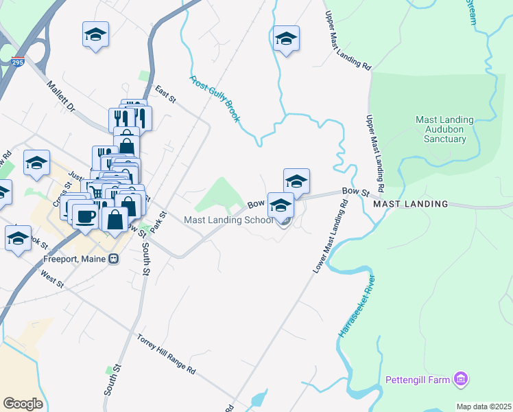 map of restaurants, bars, coffee shops, grocery stores, and more near 82 Bow Street in Freeport