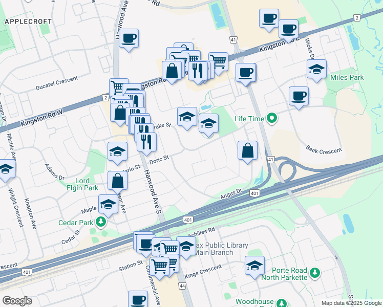 map of restaurants, bars, coffee shops, grocery stores, and more near in Ajax
