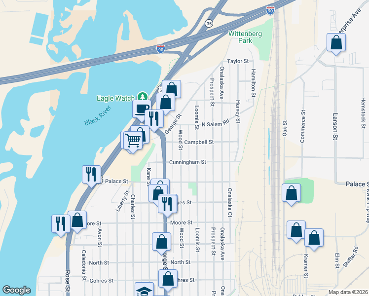 map of restaurants, bars, coffee shops, grocery stores, and more near 2411 Loomis Street in La Crosse