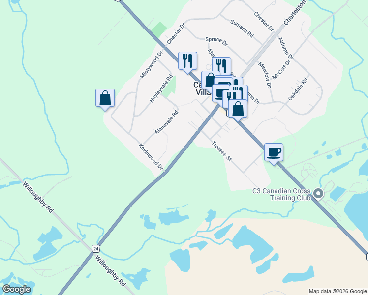 map of restaurants, bars, coffee shops, grocery stores, and more near 2874 Charleston Sideroad in Caledon Village