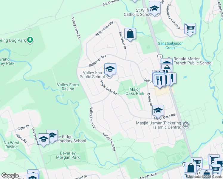 map of restaurants, bars, coffee shops, grocery stores, and more near 1590 Major Oaks Road in Pickering