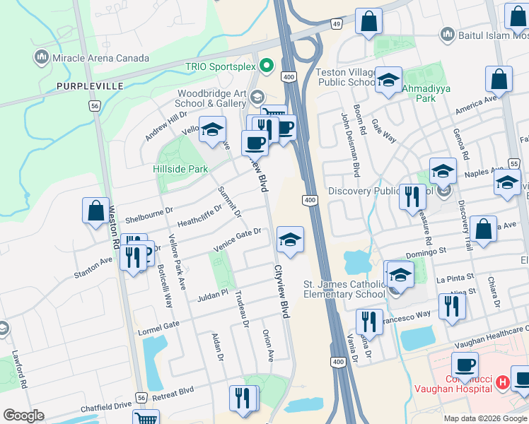 map of restaurants, bars, coffee shops, grocery stores, and more near in Vaughan
