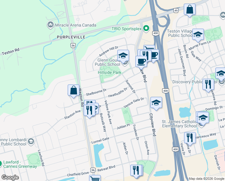map of restaurants, bars, coffee shops, grocery stores, and more near 131 Shelbourne Drive in Vaughan