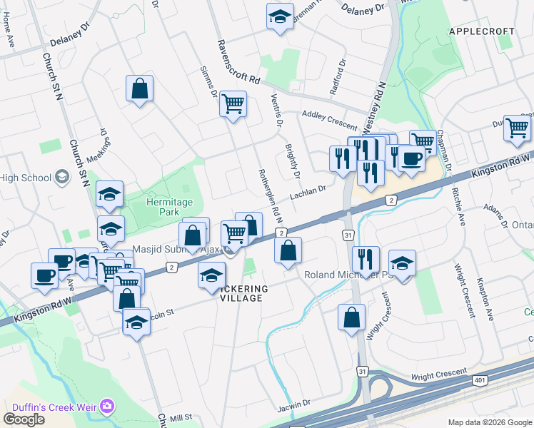 map of restaurants, bars, coffee shops, grocery stores, and more near 83 Sherwood Road East in Ajax