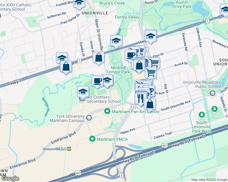 map of restaurants, bars, coffee shops, grocery stores, and more near 37 Main Street in Markham