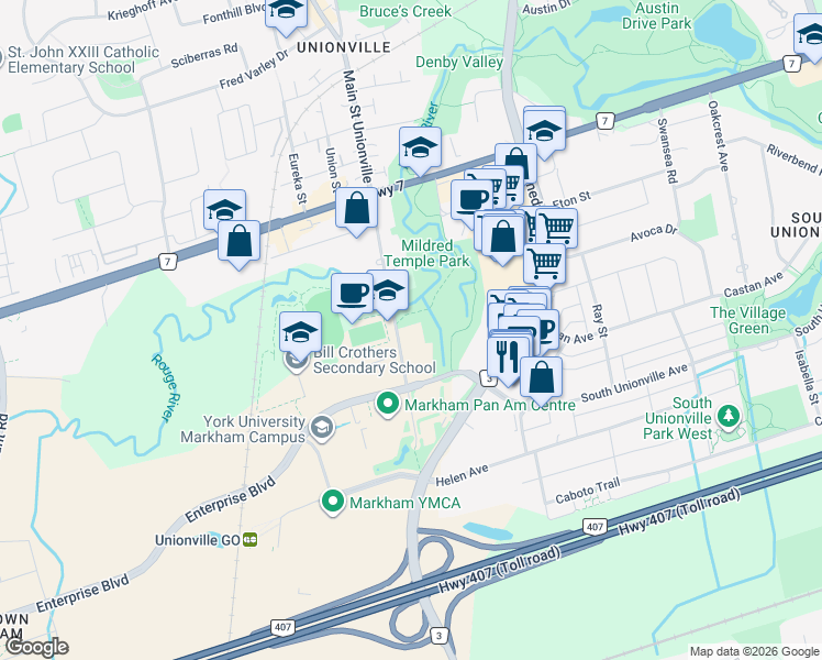 map of restaurants, bars, coffee shops, grocery stores, and more near 41 Main Street Unionville in Markham