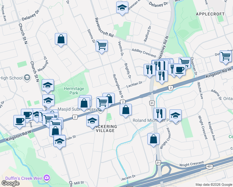 map of restaurants, bars, coffee shops, grocery stores, and more near 83 Sherwood Road East in Ajax