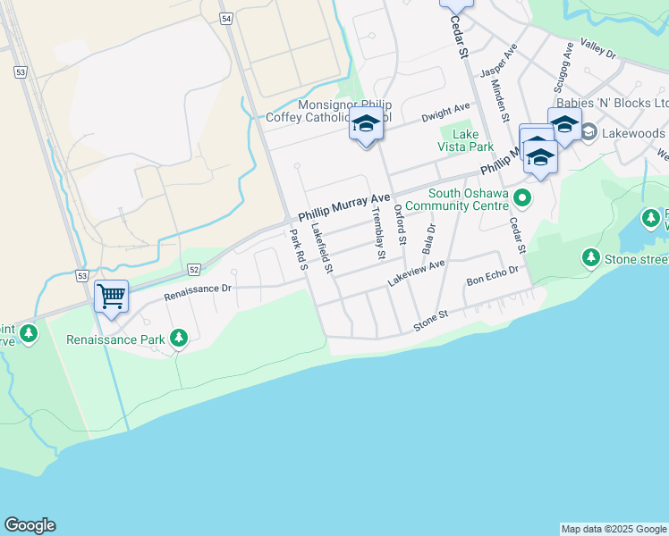 map of restaurants, bars, coffee shops, grocery stores, and more near 1451 Lakefield Street in Oshawa