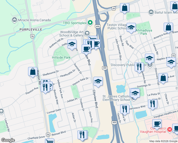 map of restaurants, bars, coffee shops, grocery stores, and more near 241 Canada Drive in Vaughan