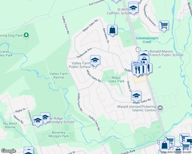 map of restaurants, bars, coffee shops, grocery stores, and more near in Pickering