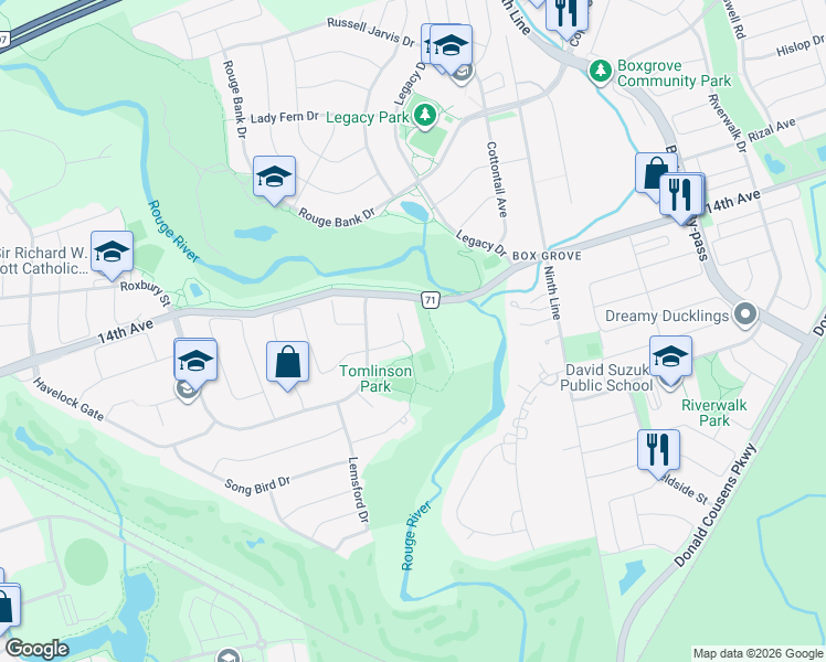 map of restaurants, bars, coffee shops, grocery stores, and more near 15 Upper Ridge Court in Markham