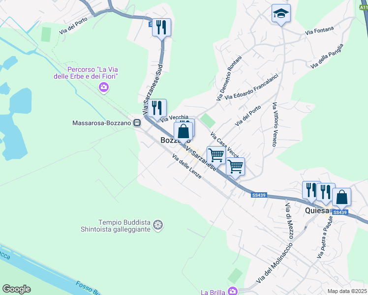 map of restaurants, bars, coffee shops, grocery stores, and more near 1368 Via Sarzanese Sud in Bozzano