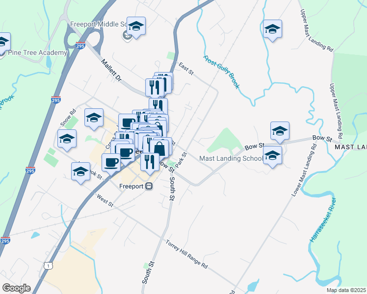 map of restaurants, bars, coffee shops, grocery stores, and more near 13 Park Street in Freeport