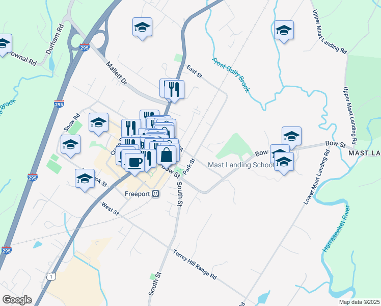 map of restaurants, bars, coffee shops, grocery stores, and more near 13 Park Street in Freeport
