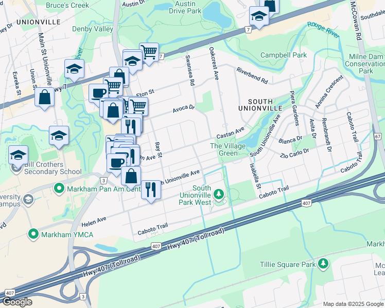 map of restaurants, bars, coffee shops, grocery stores, and more near 85 Harry Cook Drive in Markham