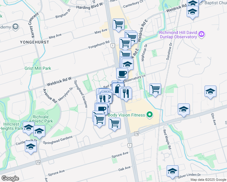 map of restaurants, bars, coffee shops, grocery stores, and more near 9350 Yonge Street in Richmond Hill