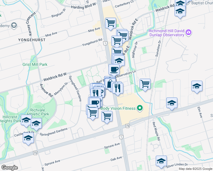 map of restaurants, bars, coffee shops, grocery stores, and more near 15 Baif Boulevard in Richmond Hill
